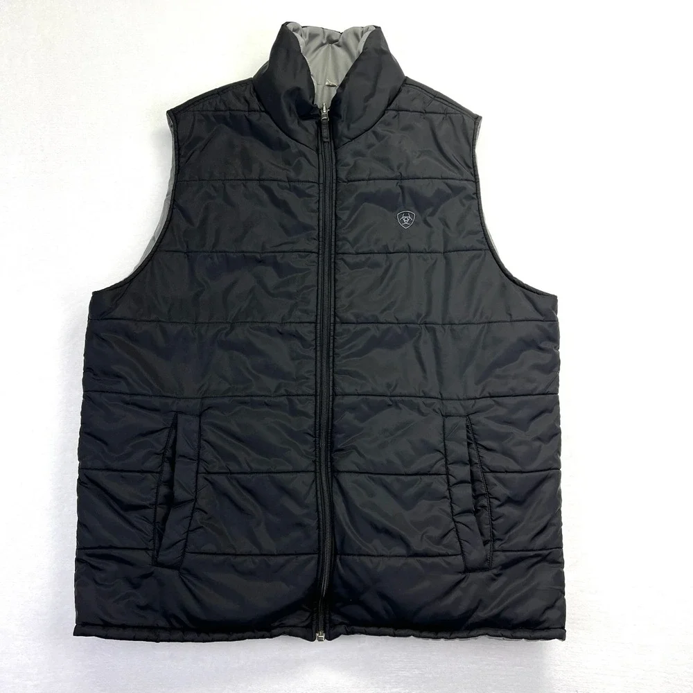 Ariat Mens Quilted Puffer Vest Black Grey Full Zip Reversible Jacket XL‎ Western